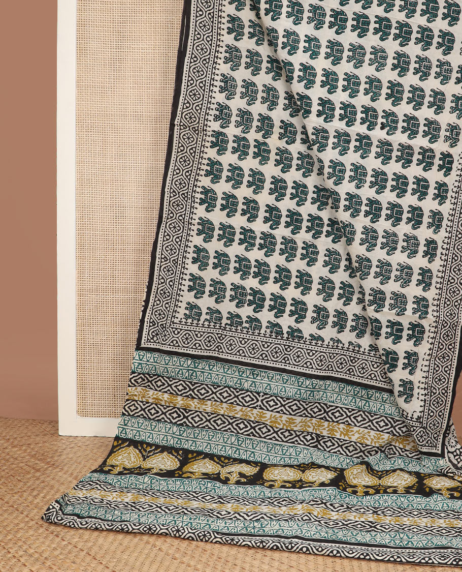 Cream elephant motifs printed mul mul cotton saree, geometric block printed border & pallu of floral-geometric block print