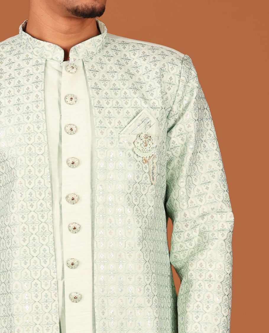 Green Men's Kurta, Artfully Designed with a Jaal-Themed Sequins-Thread Embroidered Full-Sleeved Jacket and Matching Pants