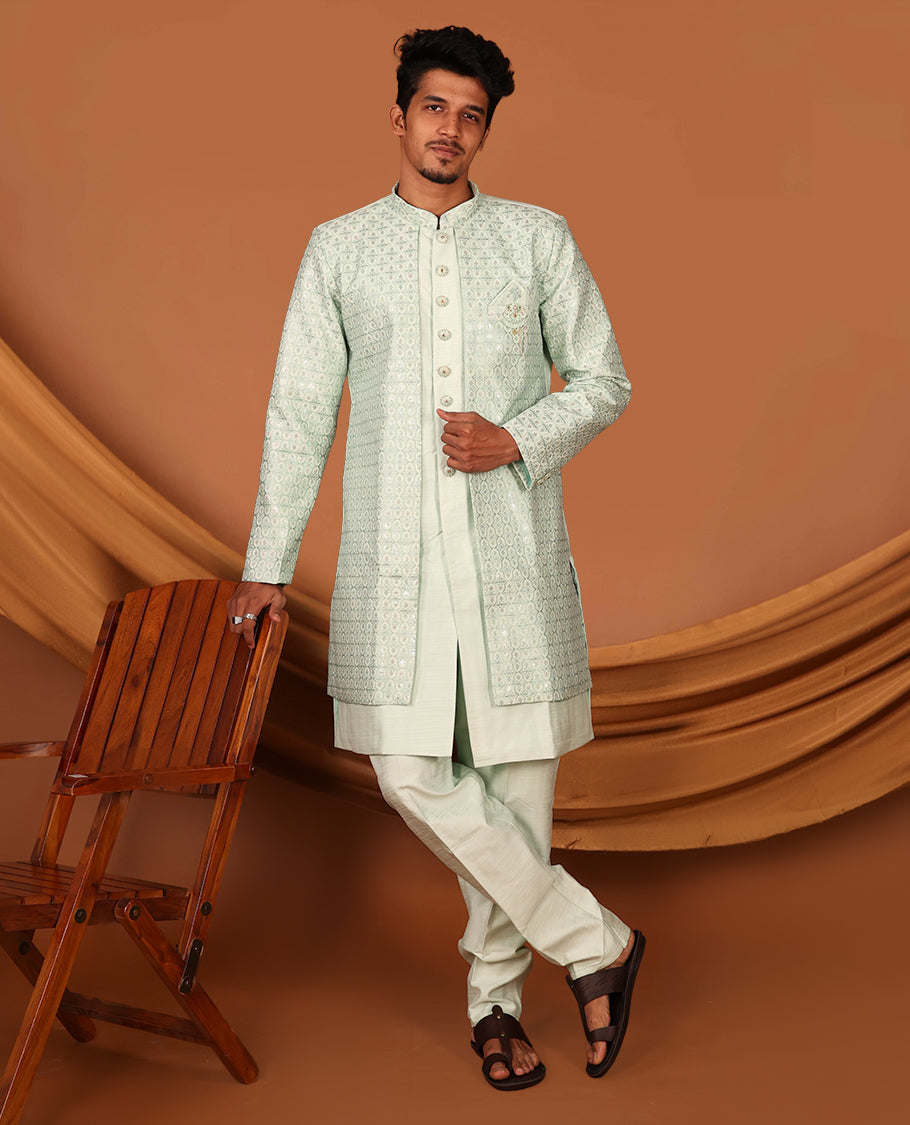 Green Men's Kurta, Artfully Designed with a Jaal-Themed Sequins-Thread Embroidered Full-Sleeved Jacket and Matching Pants