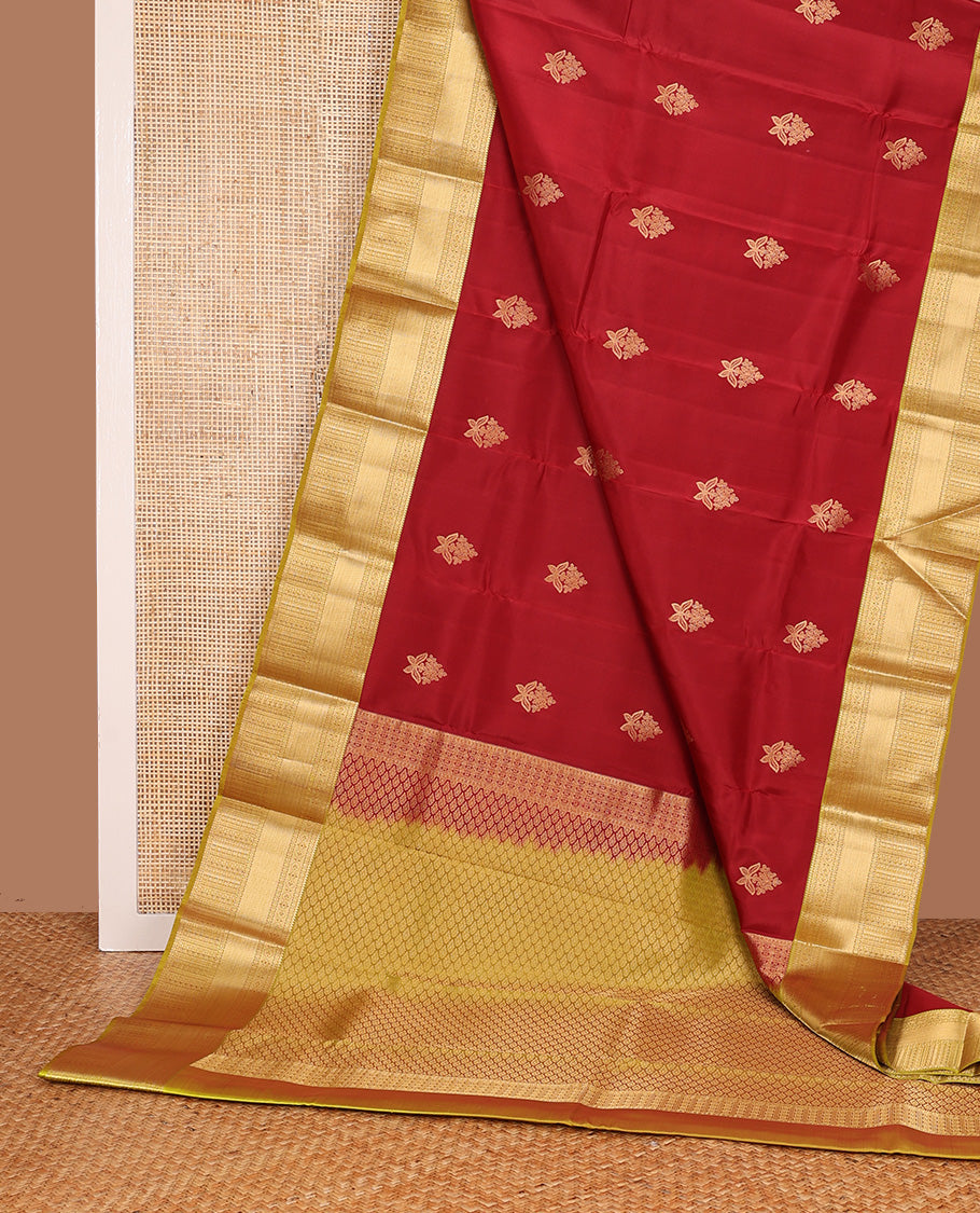 Red zari buttas Vasundhara silk mix, contrast traditional zari design border, and jaal pallu