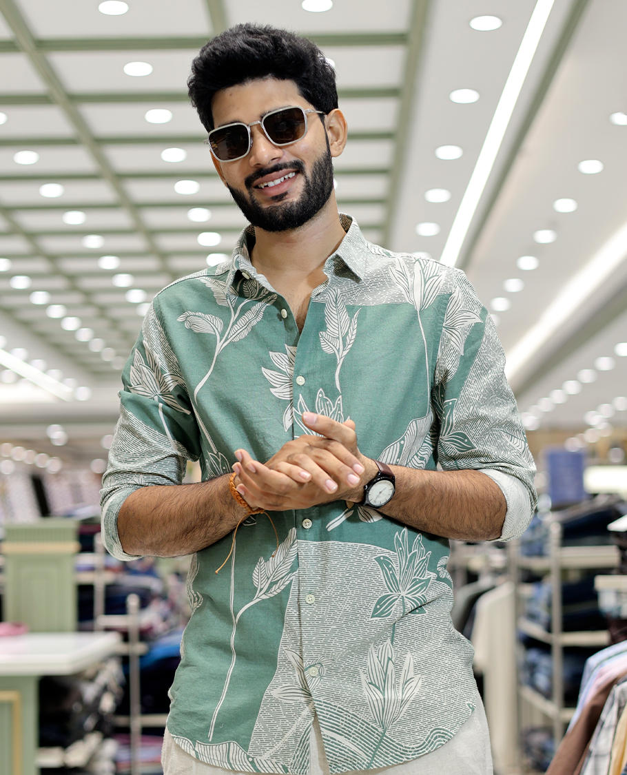 Green Cotton-Blended Tropical Floral Print Casual Shirt