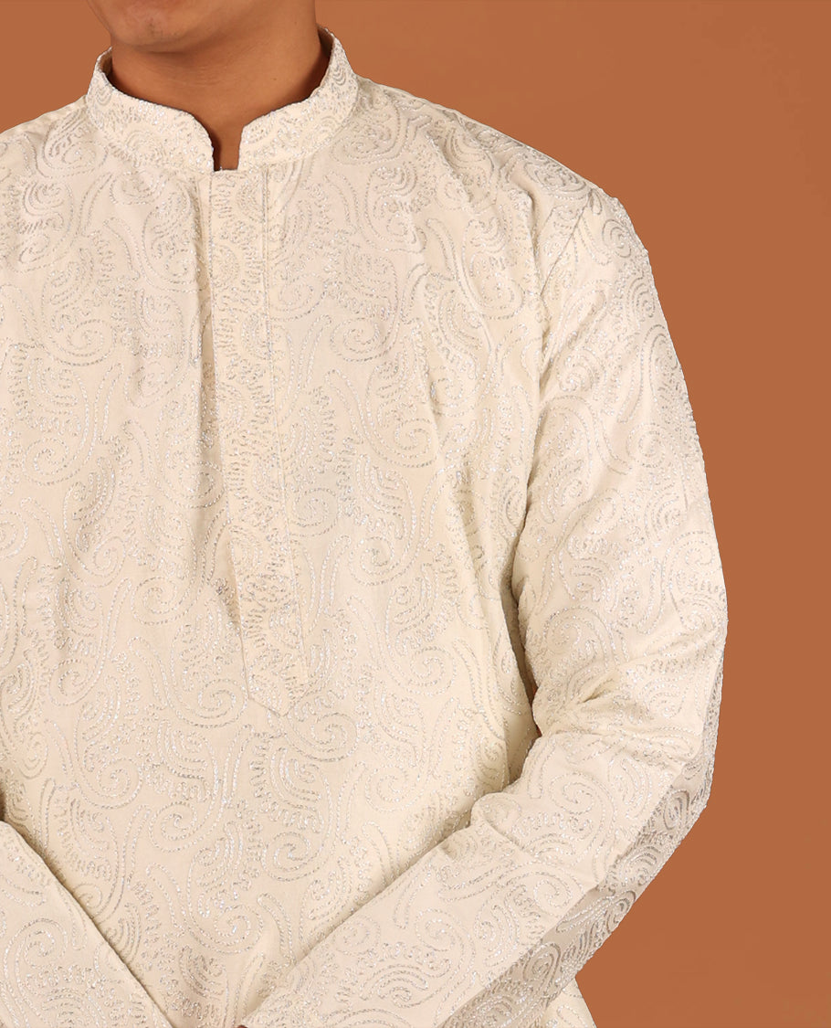 Cream Thread Embroidered Full-Sleeved Men's Kurta Matching Pants