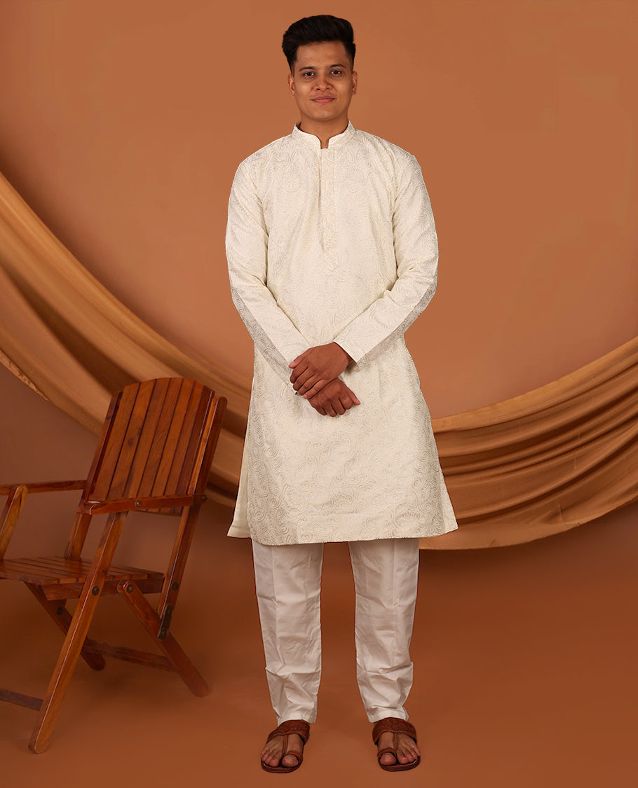 Cream Thread Embroidered Full-Sleeved Men's Kurta Matching Pants