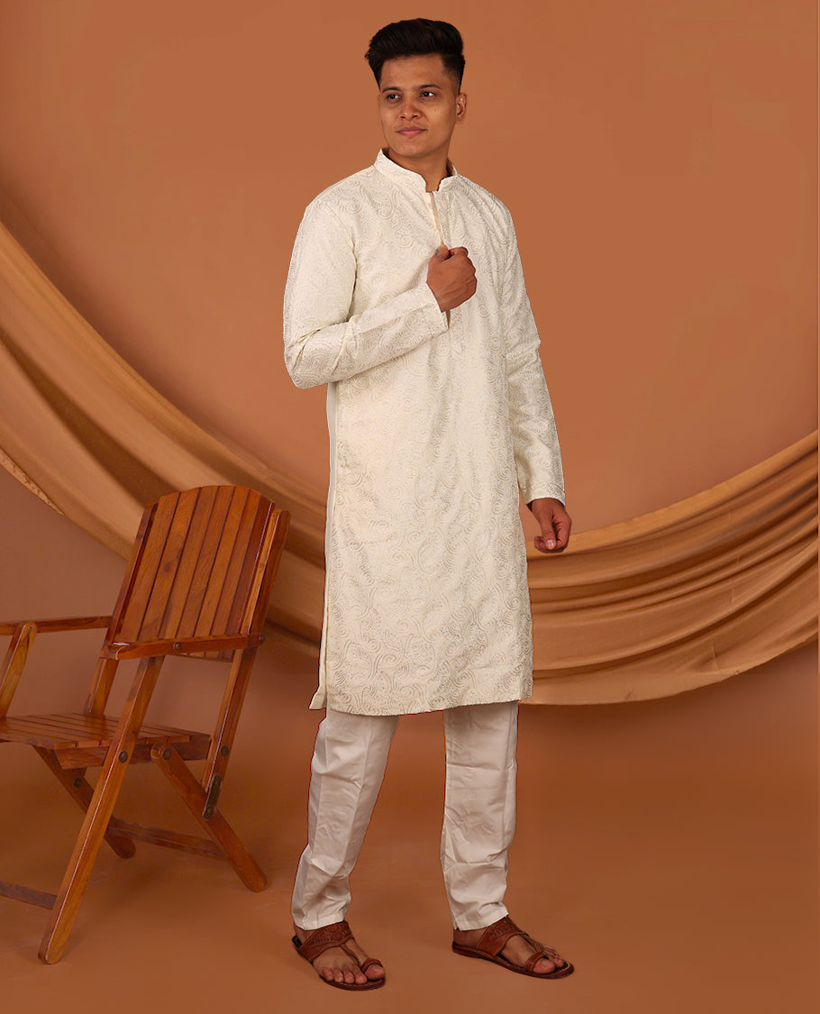 Cream Thread Embroidered Full-Sleeved Men's Kurta Matching Pants