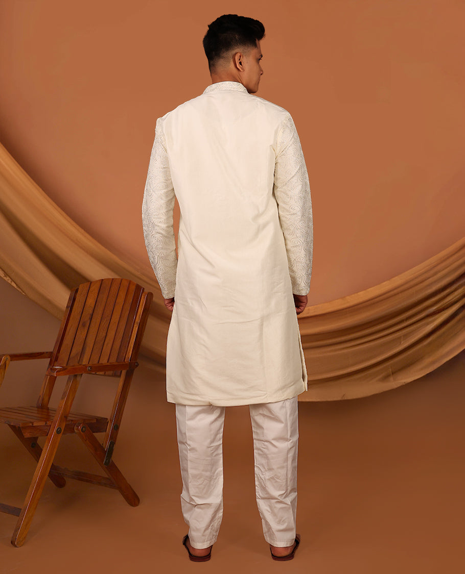 Cream Thread Embroidered Full-Sleeved Men's Kurta Matching Pants