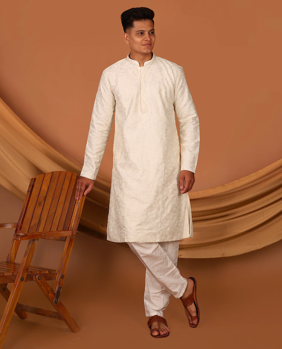 Cream Thread Embroidered Full-Sleeved Men's Kurta Matching Pants