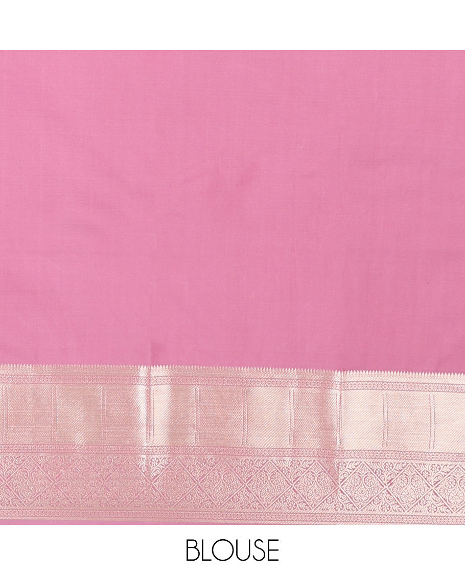 Onion pink zari buttas Vasundhara silk mix, zari border of thilakam mokku, kuyil kann, diamond, and jaal designs, and neli pallu