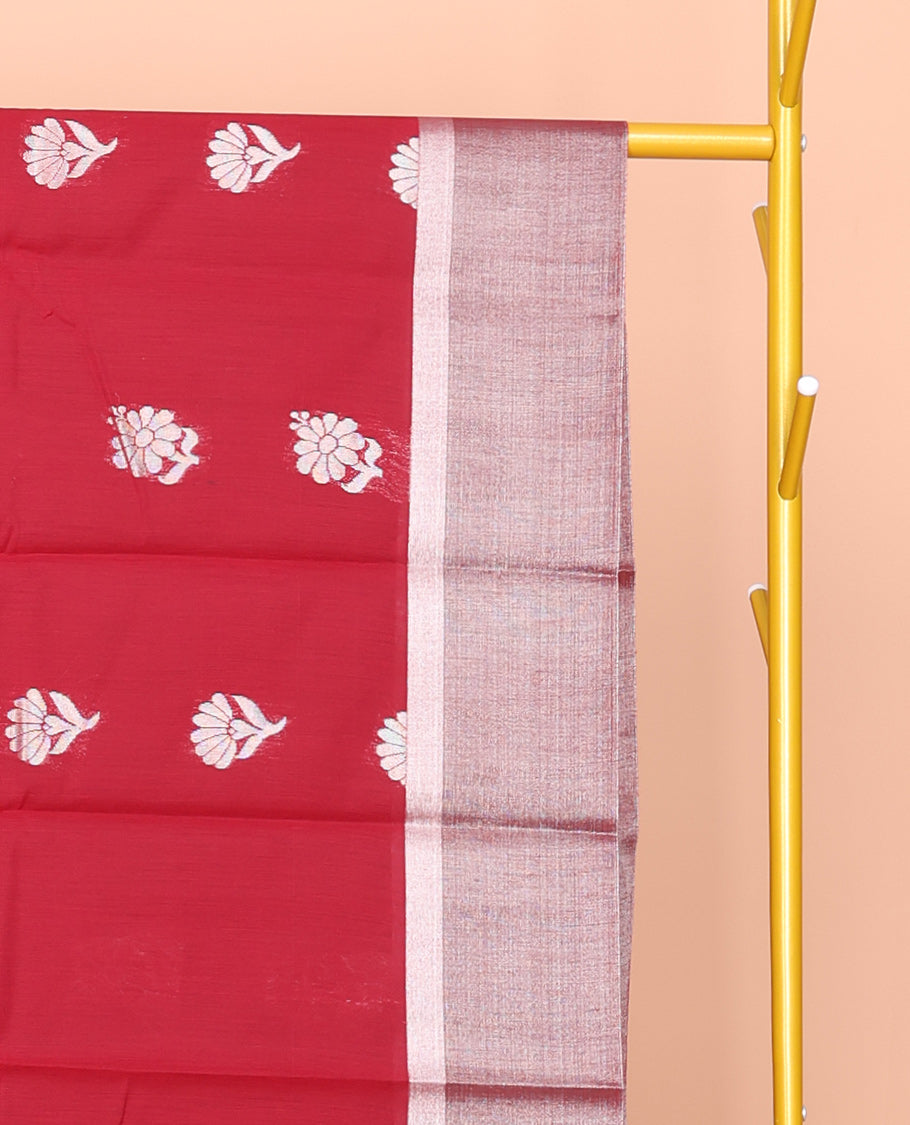 Red Semi-Silk Cotton Saree, Elevated with Zari Buttas All Over Its Body, Highlighted by a Zari Border, Grand Pallu of Intricate Designs, and Paired with a Matching Blouse