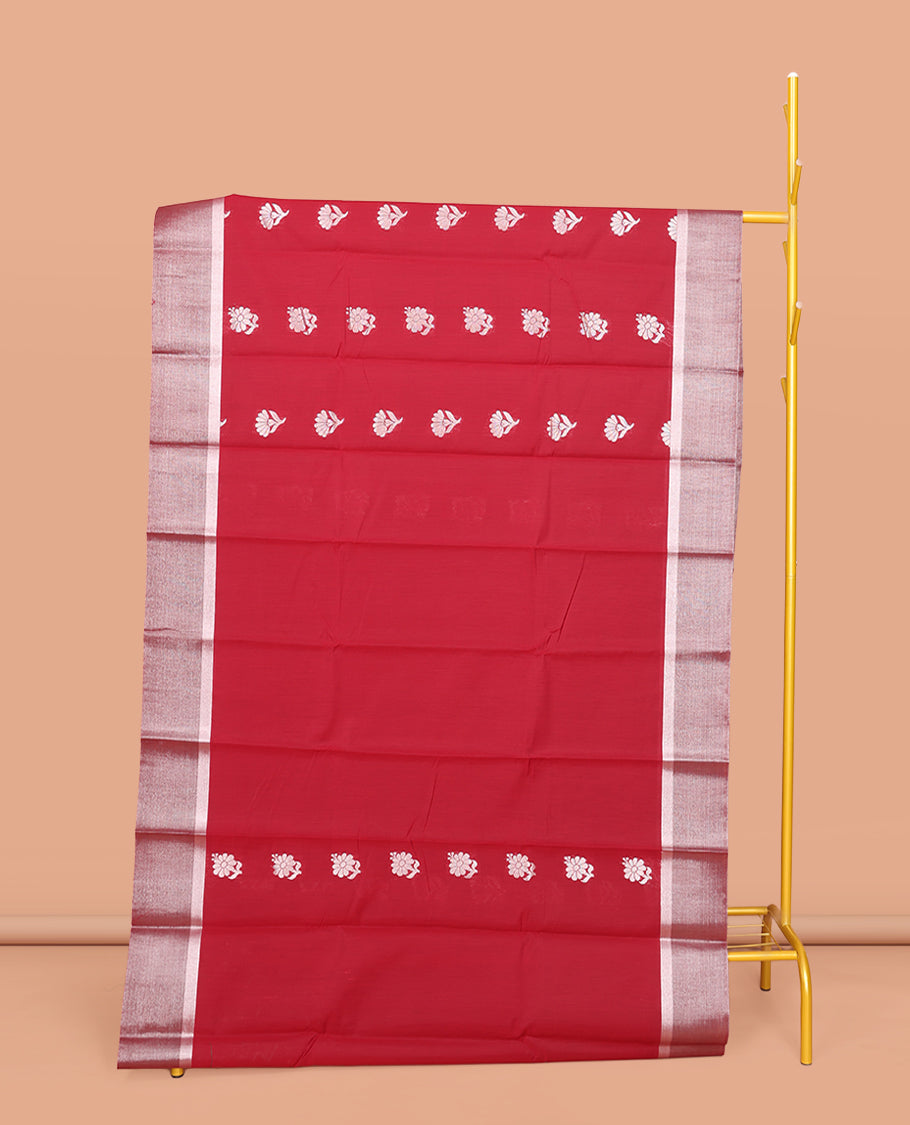Red Semi-Silk Cotton Saree, Elevated with Zari Buttas All Over Its Body, Highlighted by a Zari Border, Grand Pallu of Intricate Designs, and Paired with a Matching Blouse
