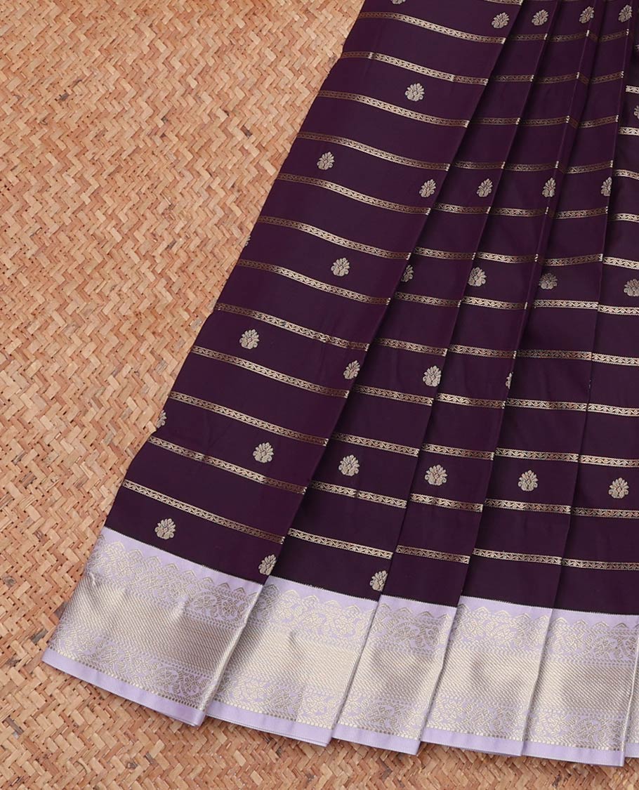 Purple Budget Silk Saree, Mesmerized with Zari Buttas and Stripes, Complemented by a Contrast Traditional Zari Border, Grand Pallu, and a Contrast Blouse