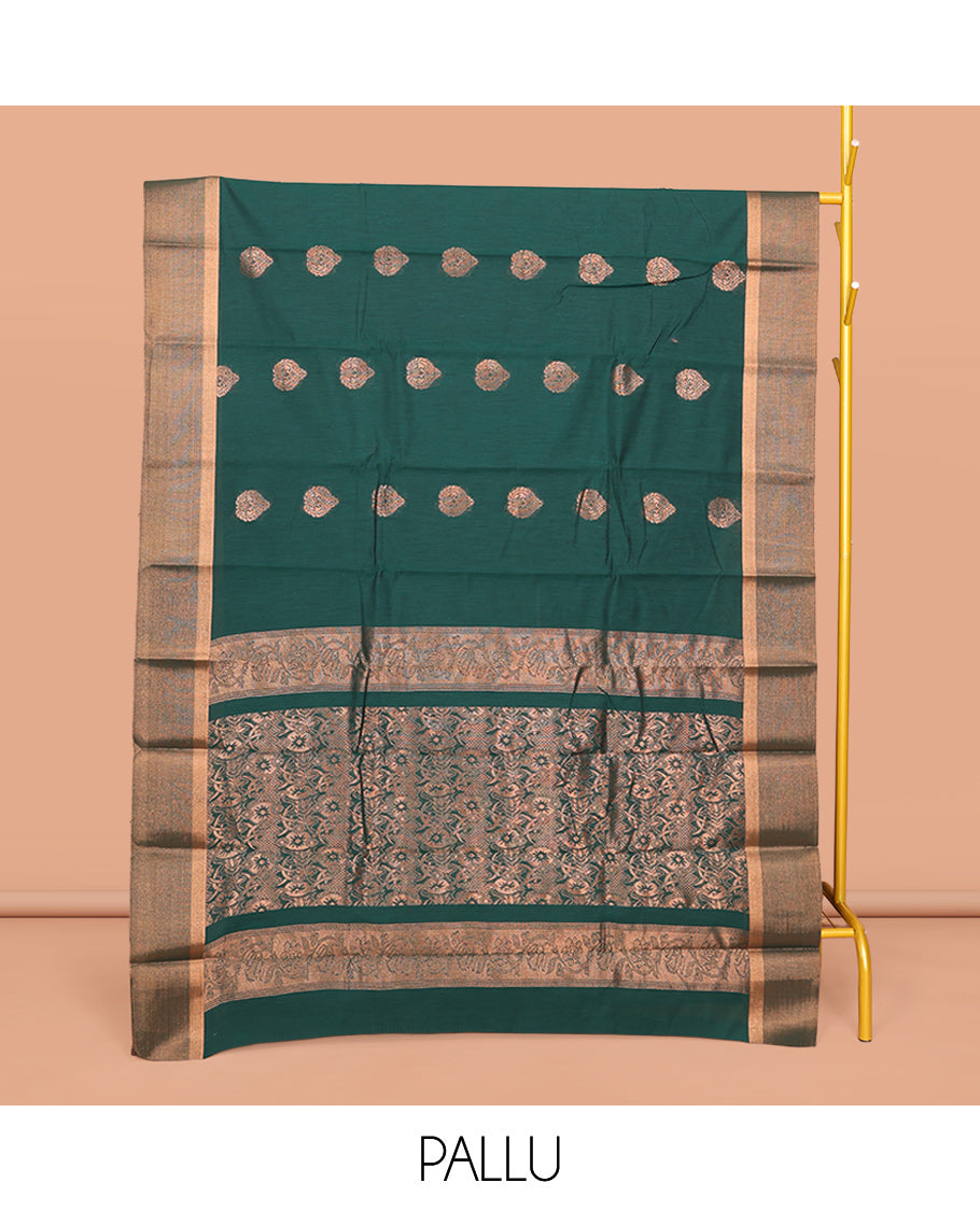 Green Semi-Silk Cotton Saree, Delicately Woven with Zari Buttas All Over Its Body, Highlighted by a Zari Border, Grand Pallu of Intricate Designs, and Paired with a Matching Blouse
