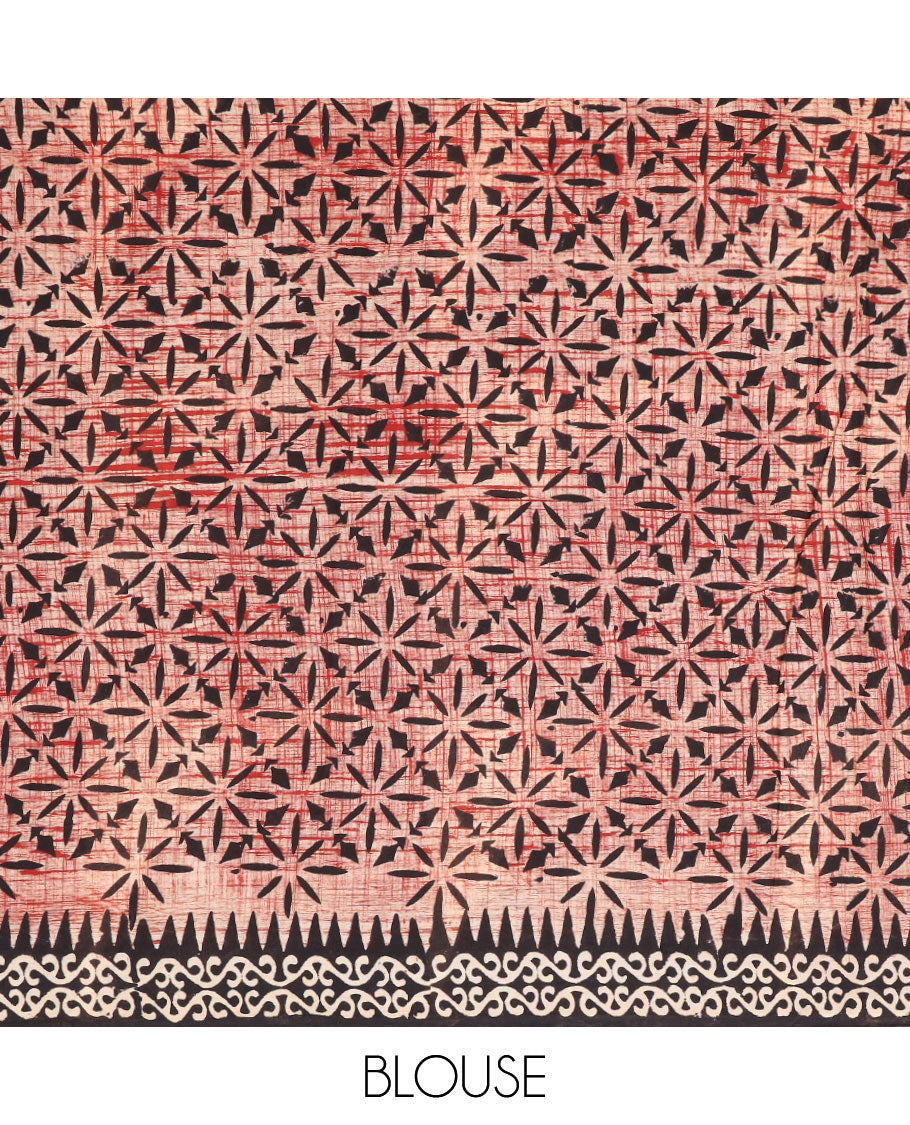 Red butterfly motifs printed mul mul cotton saree, contrast geometric block printed border & pallu of geometric block print