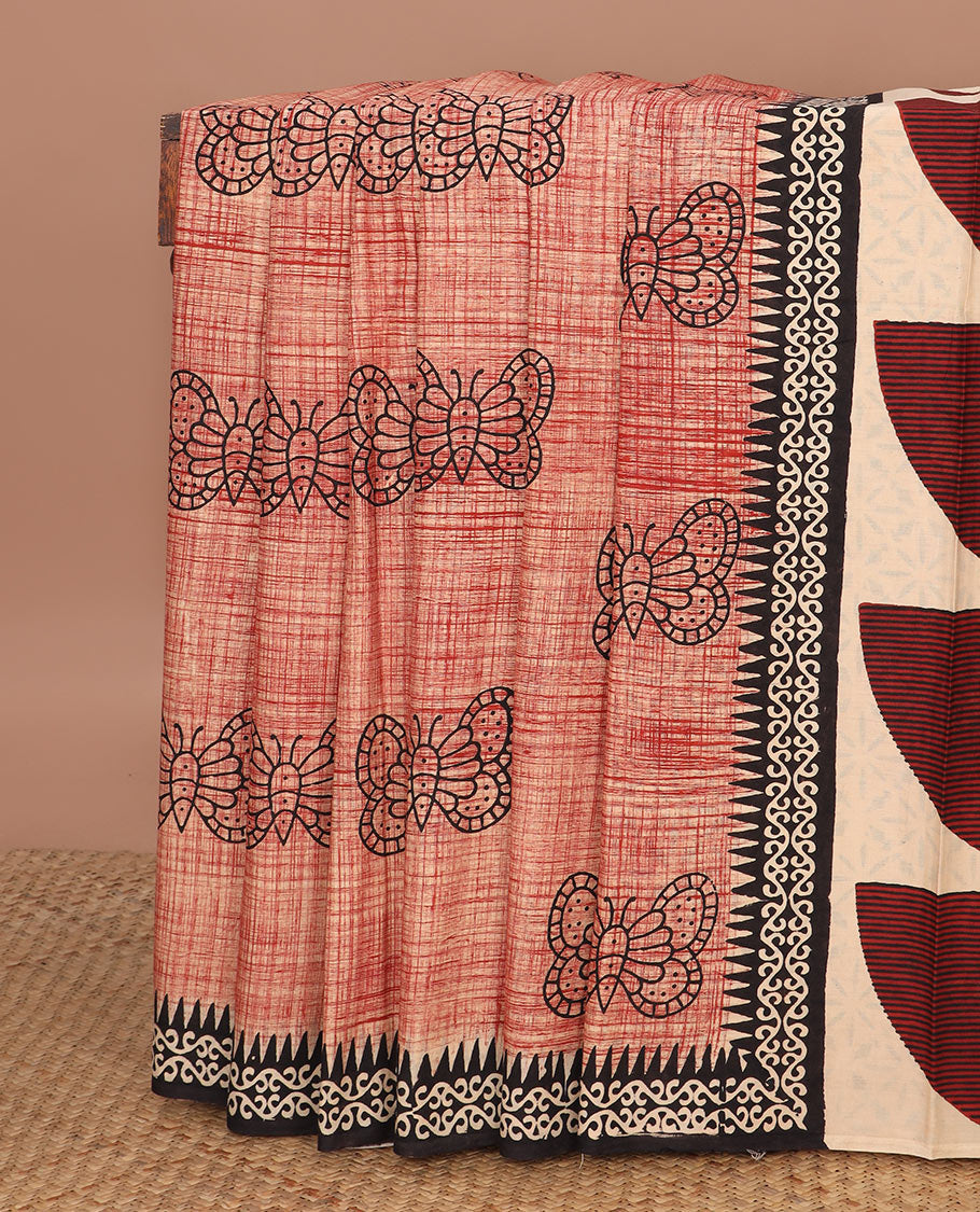 Red butterfly motifs printed mul mul cotton saree, contrast geometric block printed border & pallu of geometric block print