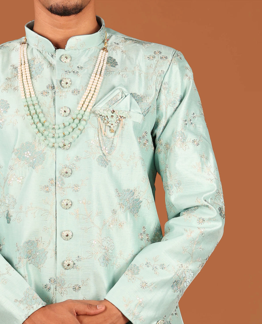 Blue Floral Jaal Embroidered Full-Sleeved Men's Kurta with Contrast Pants