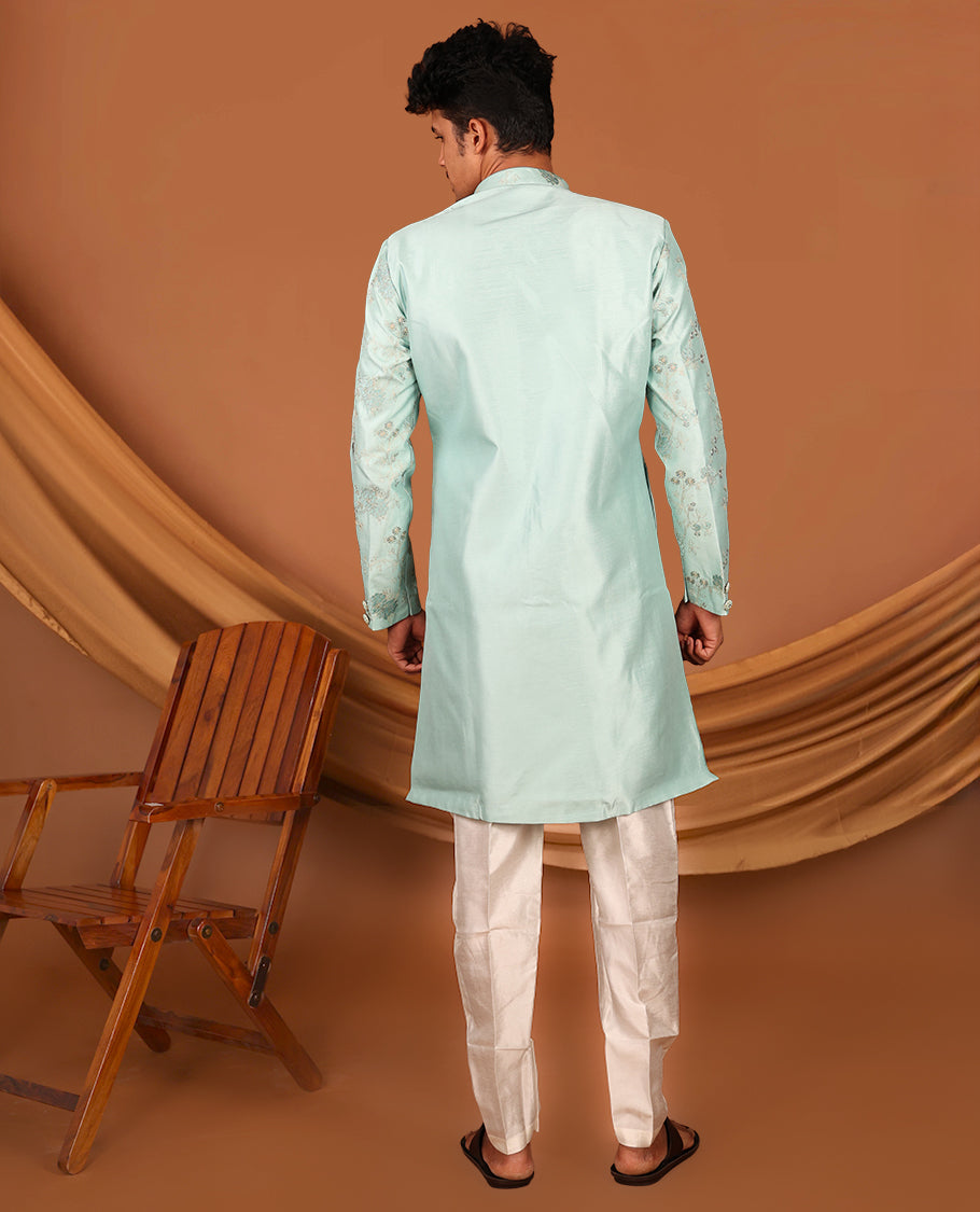 Blue Floral Jaal Embroidered Full-Sleeved Men's Kurta with Contrast Pants