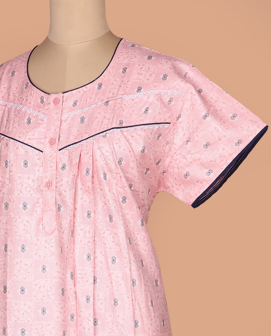 Pink floral vine printed with round neck half-sleeve cotton nighty