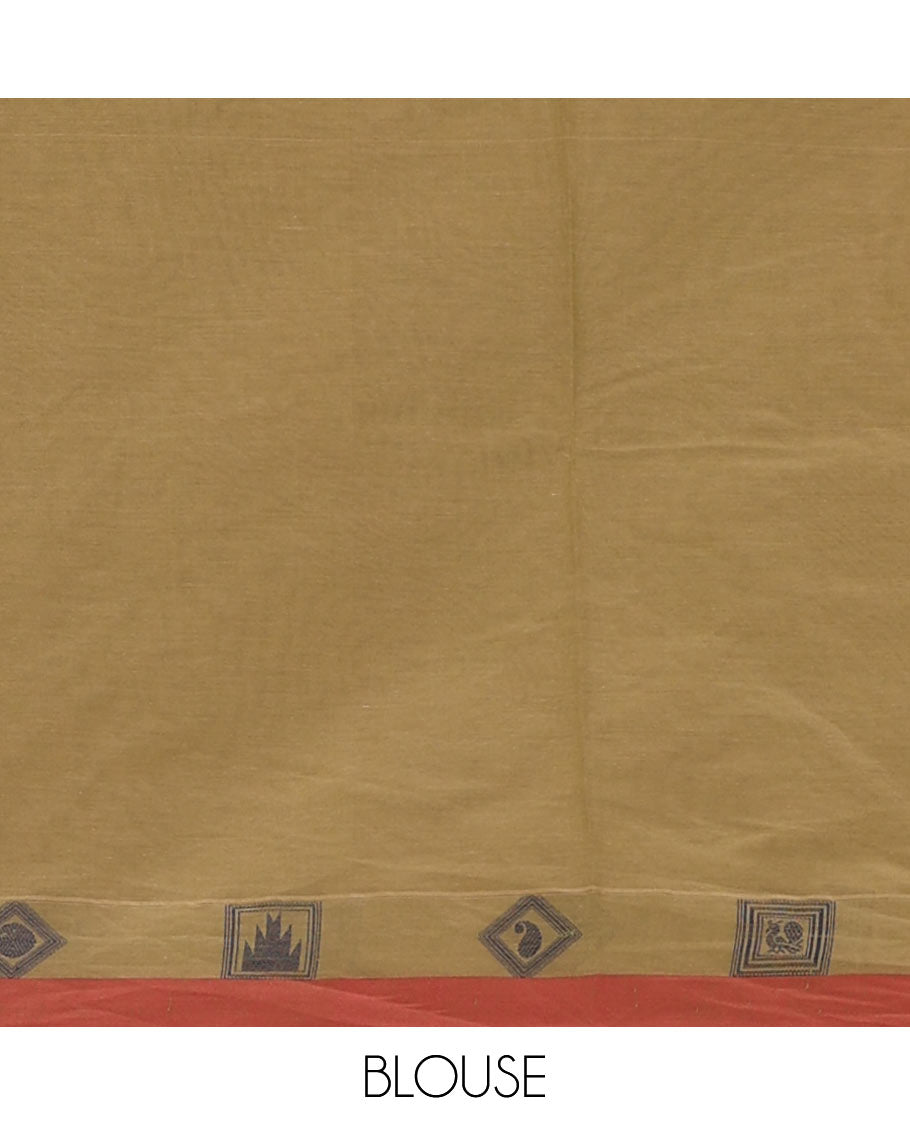 Brown striped Coimbatore cotton saree, contrast diamond patterned border & geometric pallu