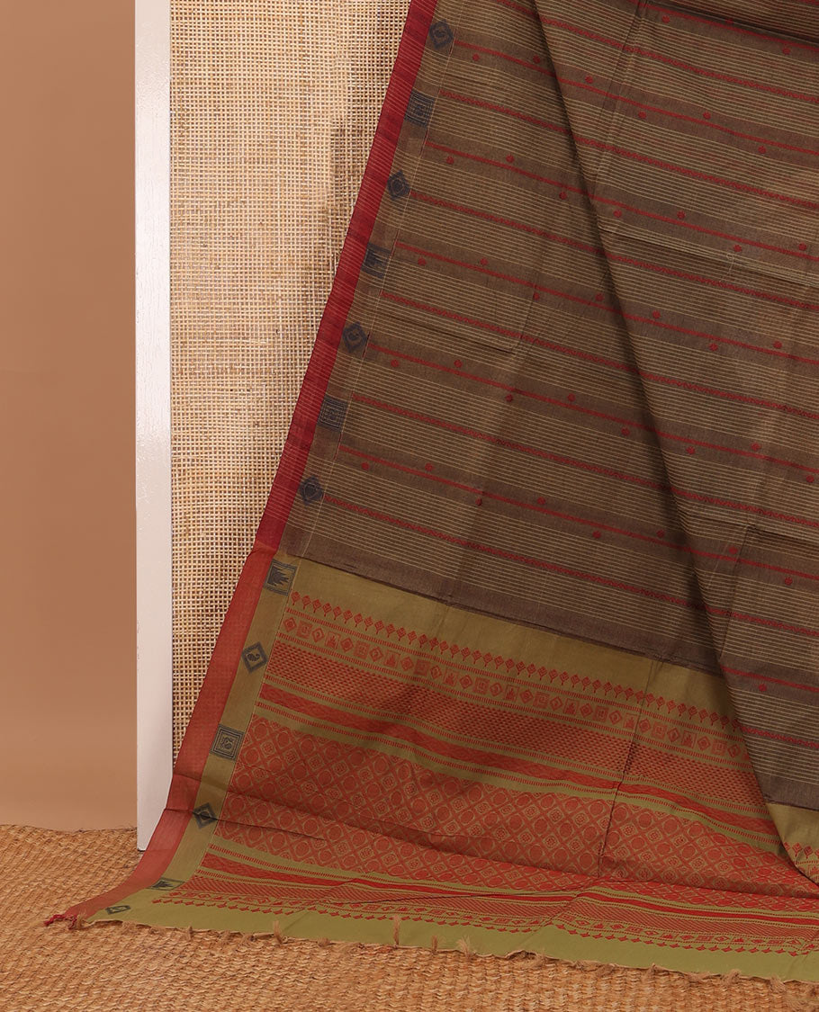 Brown striped Coimbatore cotton saree, contrast diamond patterned border & geometric pallu