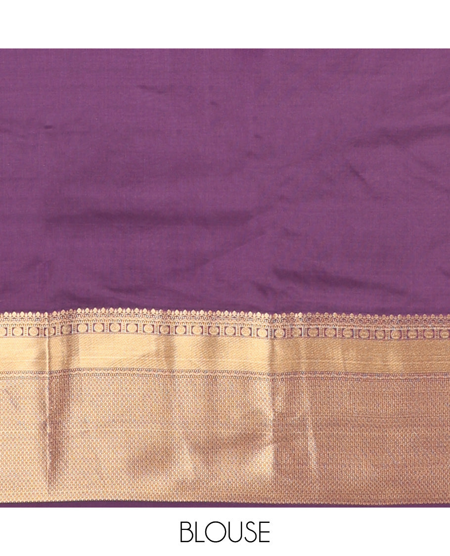 Violet zari buttas Vasundhara silk mix, zari border of thilakam mokku, neli, poun, and then kuli kann designs, and jaal pallu