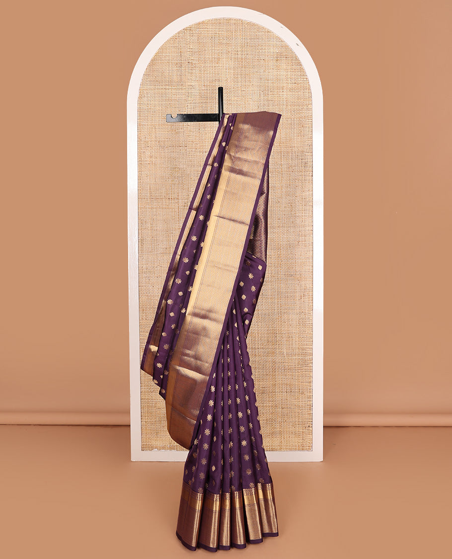 Violet zari buttas Vasundhara silk mix, zari border of thilakam mokku, neli, poun, and then kuli kann designs, and jaal pallu