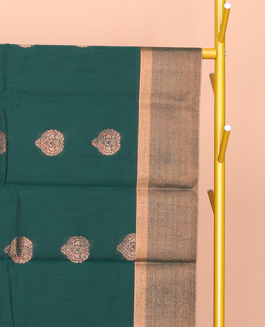 Green Semi-Silk Cotton Saree, Delicately Woven with Zari Buttas All Over Its Body, Highlighted by a Zari Border, Grand Pallu of Intricate Designs, and Paired with a Matching Blouse