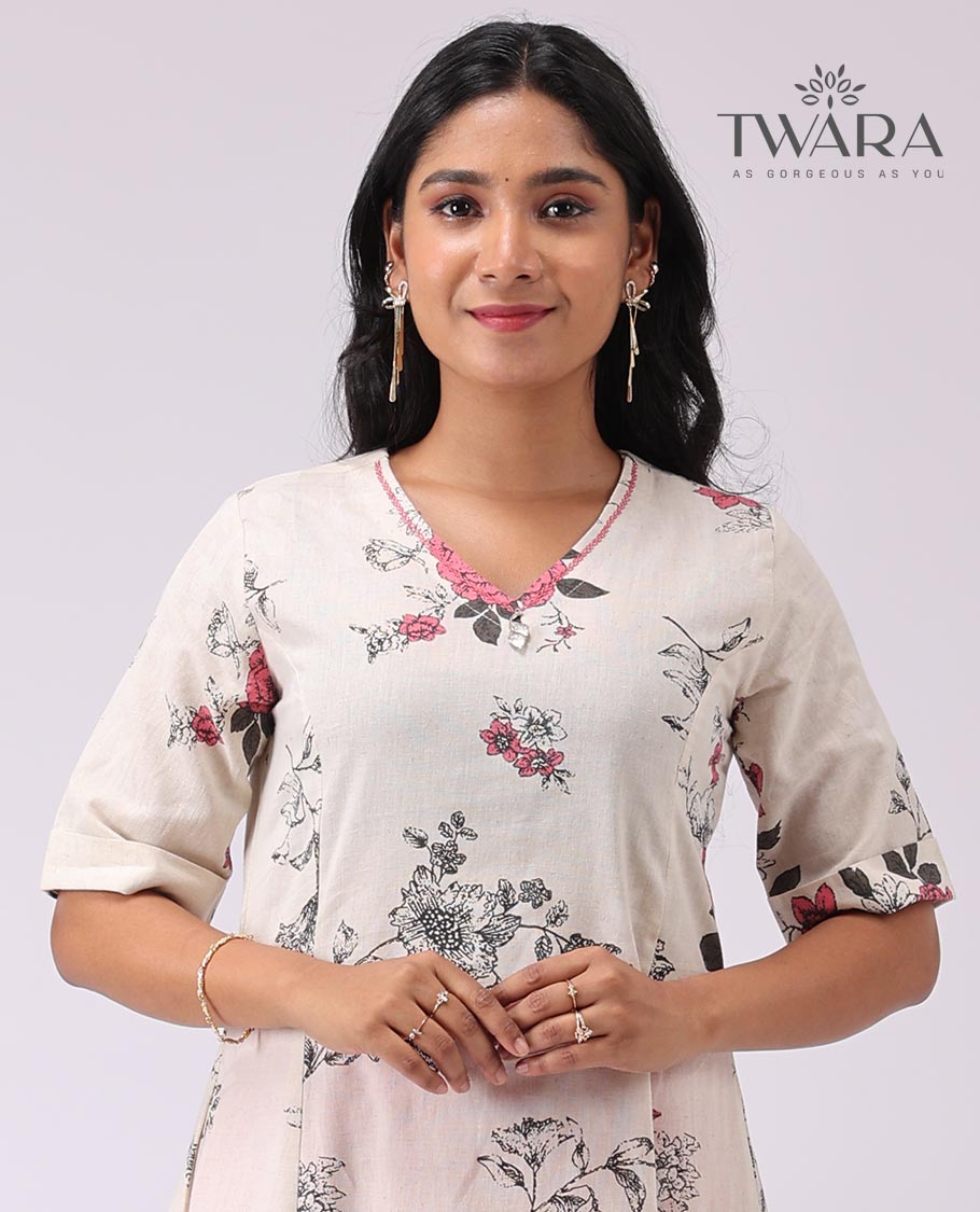 Twara white floral printed 3/4 th sleeve , knee lenght kurti