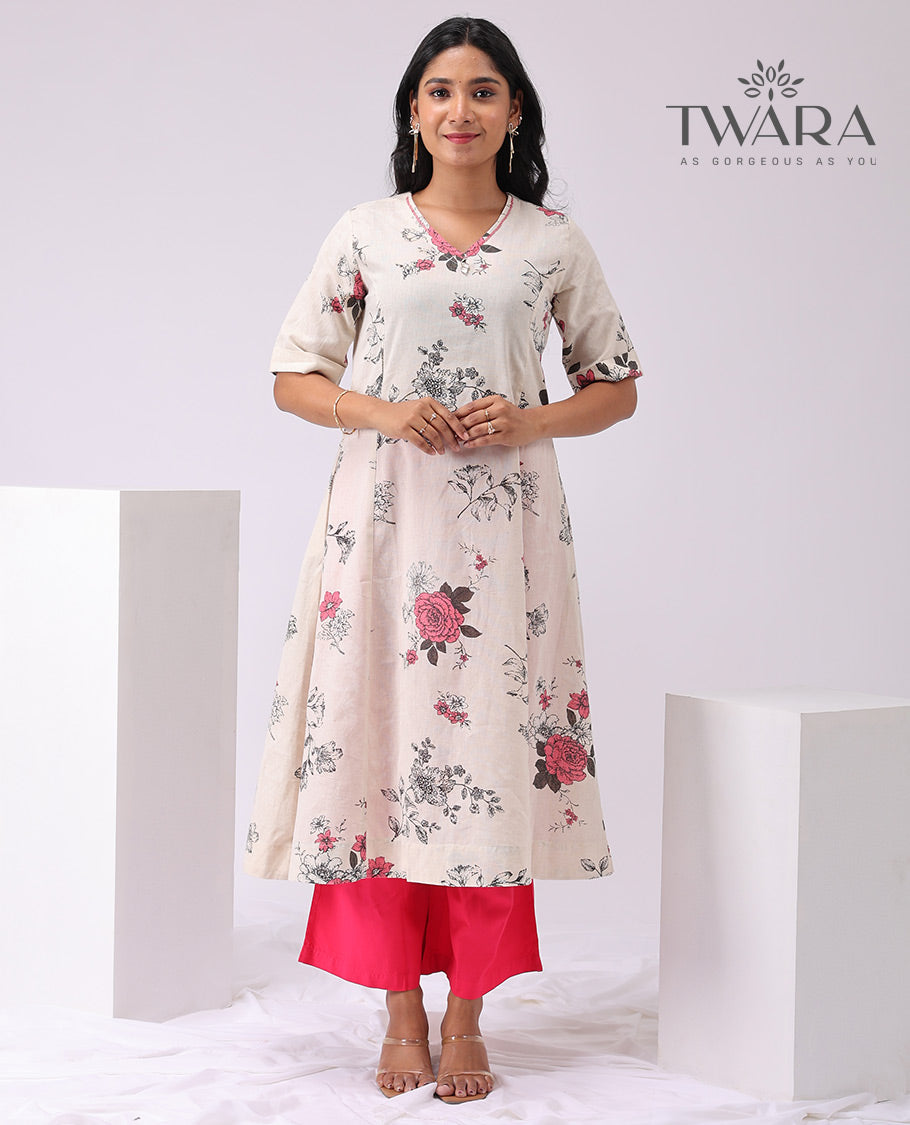 Twara white floral printed 3/4 th sleeve , knee lenght kurti