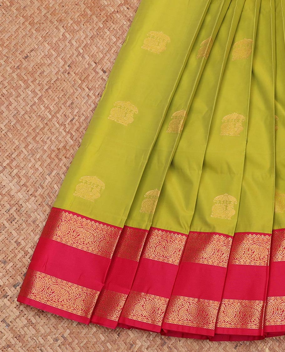 Green Budget Silk Saree, Subtly Sparkled with Zari Buttas, Complemented by a Contrast Traditional Zari Rettai Pettu Border, Grand Pallu, and a Contrast Blouse