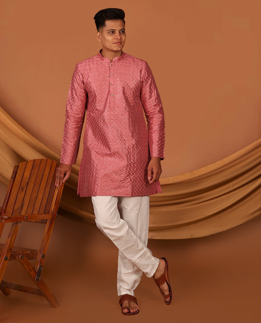 Pink Jaal Thread and Sequins Embroidered Full-Sleeved Men's Kurta