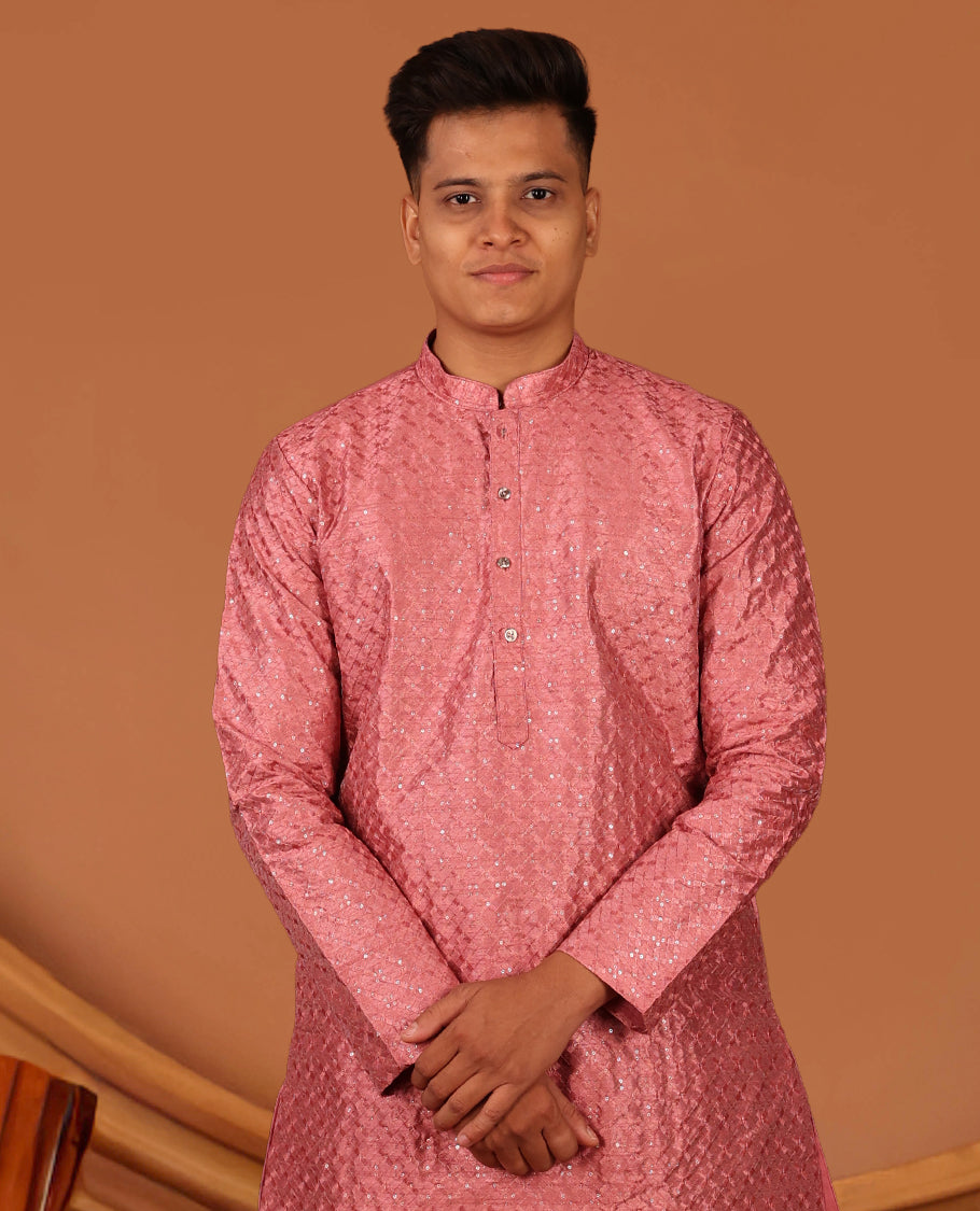 Pink Jaal Thread and Sequins Embroidered Full-Sleeved Men's Kurta