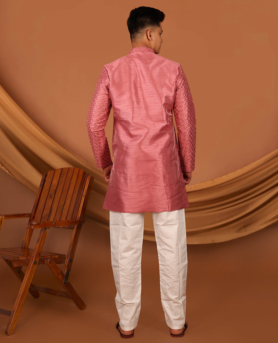 Pink Jaal Thread and Sequins Embroidered Full-Sleeved Men's Kurta