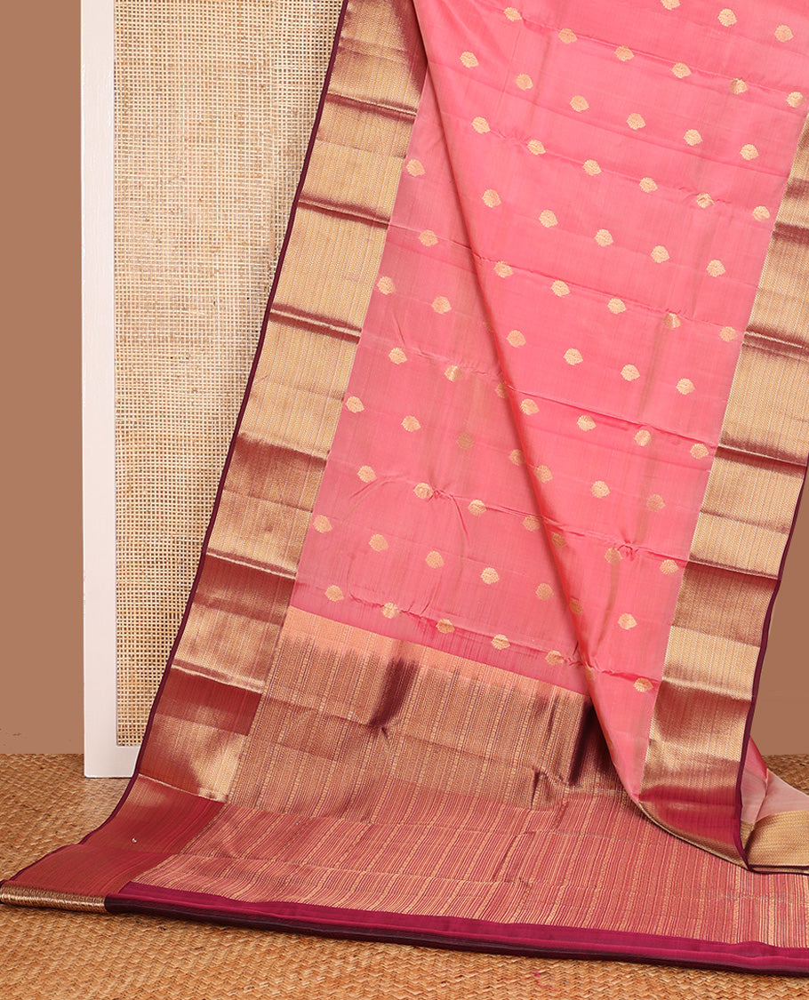 Pink zari buttas Vasundhara silk mix, contrast kathir striped zari border, and traditional design pallu