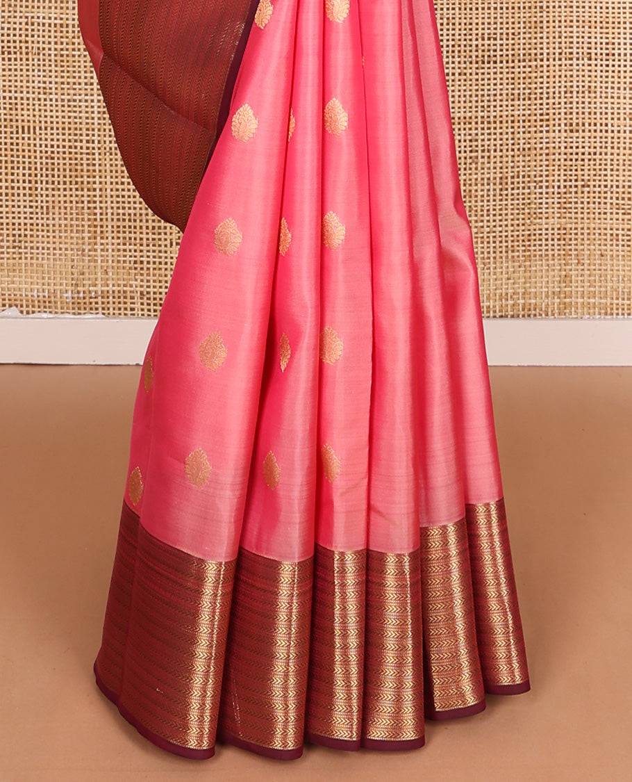 Pink zari buttas Vasundhara silk mix, contrast kathir striped zari border, and traditional design pallu