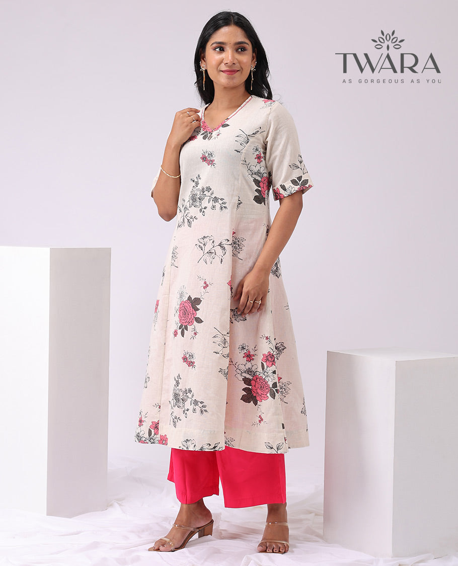 Twara white floral printed 3/4 th sleeve , knee lenght kurti