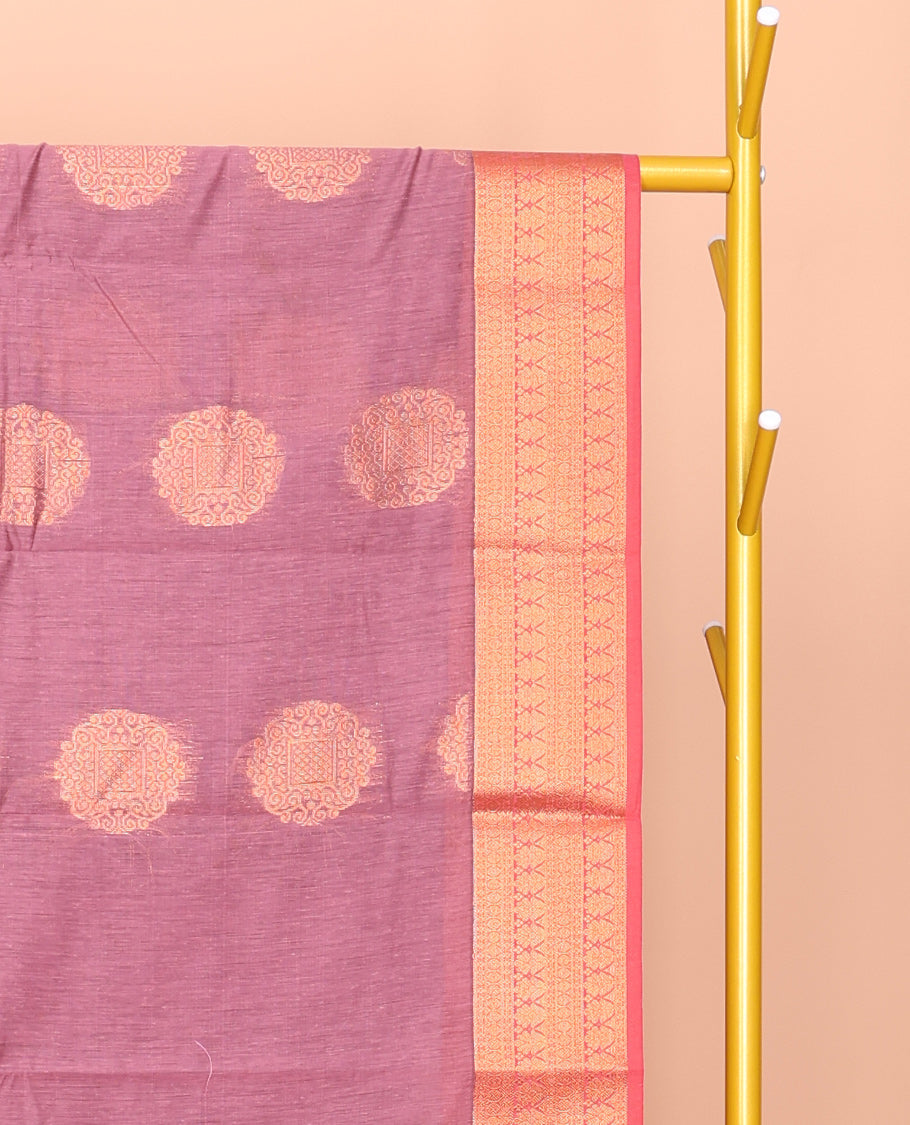 Pink Semi-Silk Cotton Saree, Enthralled with Zari Buttas All Over Its Body, Complemented by a Contrast Border of Traditional Zari Designs, Grand Jaal Pallu, and Paired with a Contrast Blouse