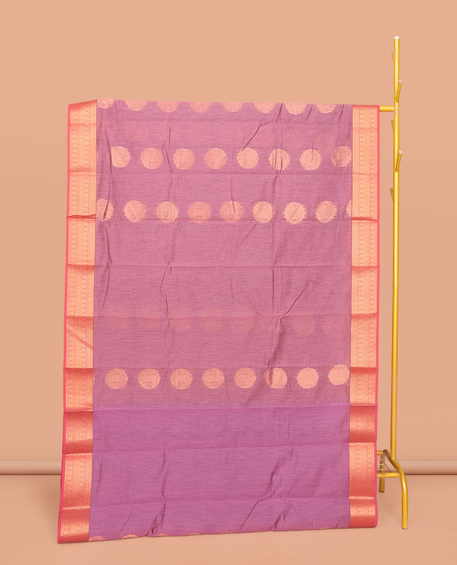 Pink Semi-Silk Cotton Saree, Enthralled with Zari Buttas All Over Its Body, Complemented by a Contrast Border of Traditional Zari Designs, Grand Jaal Pallu, and Paired with a Contrast Blouse