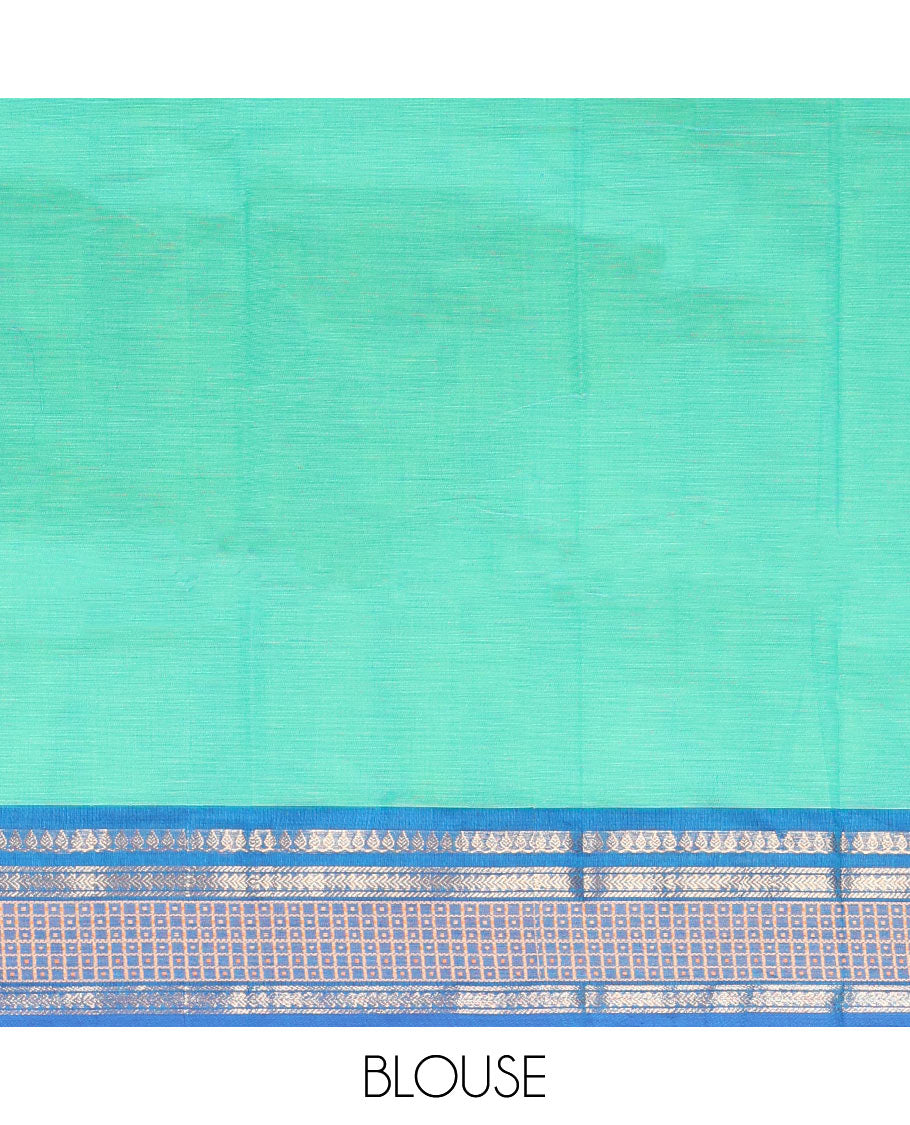 Turquoise Chettinad Cotton Saree Subtly Woven with Thread Buttas on Its Body, Complemented by a Contrast Traditional Design Woven Zari Border, Subtly Striped Pallu, and Paired with a Matching Blouse