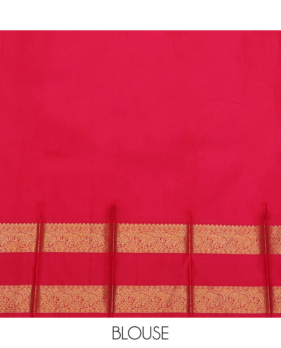 Green Budget Silk Saree, Subtly Sparkled with Zari Buttas, Complemented by a Contrast Traditional Zari Rettai Pettu Border, Grand Pallu, and a Contrast Blouse