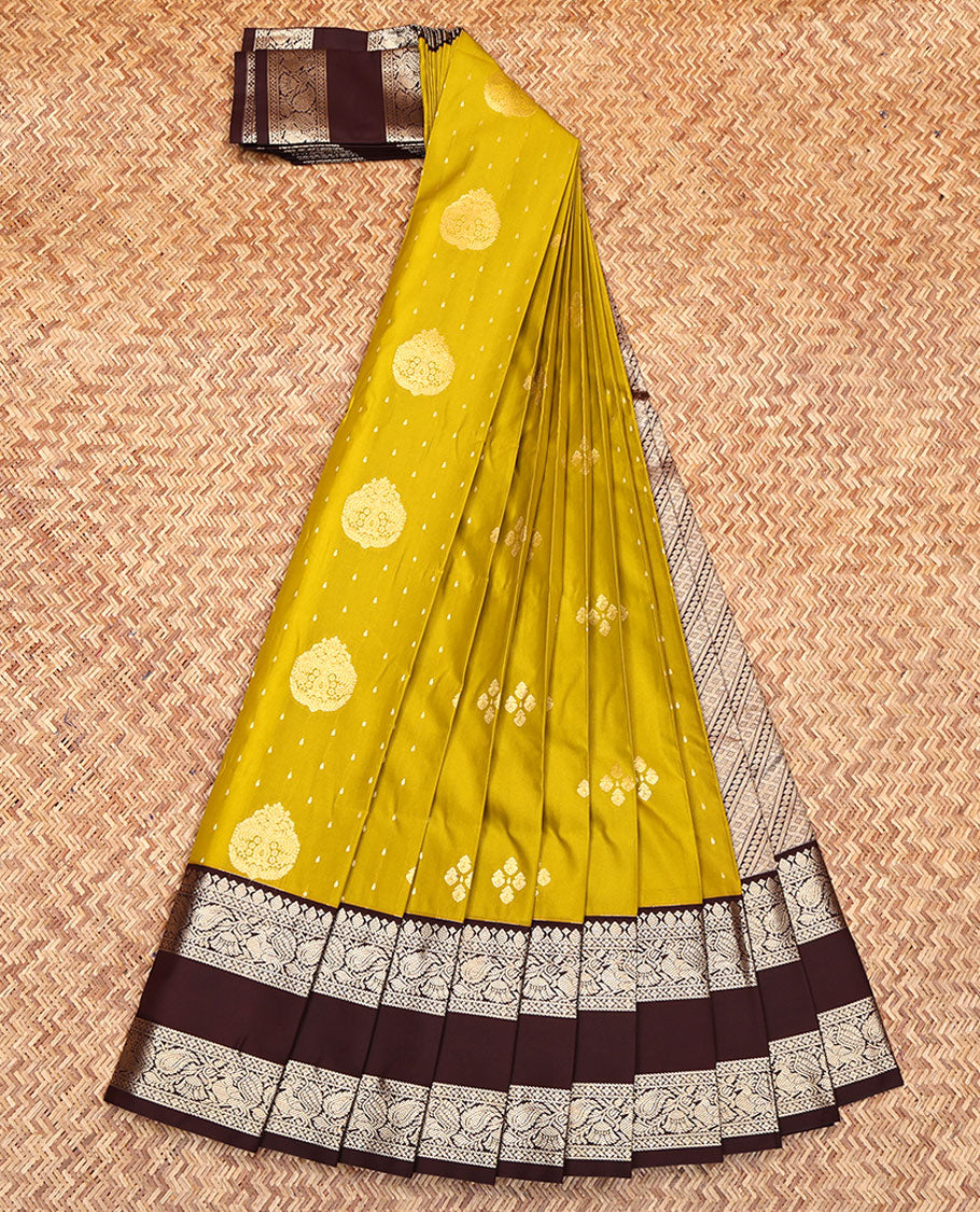 Green Budget Silk Saree, Ornamented with Zari Buttas All Over Its Body, Complemented by Contrast Traditional Zari Design Rettai Pettu Border, Geometric-Patterned Pallu, and Paired with a Contrast Blouse