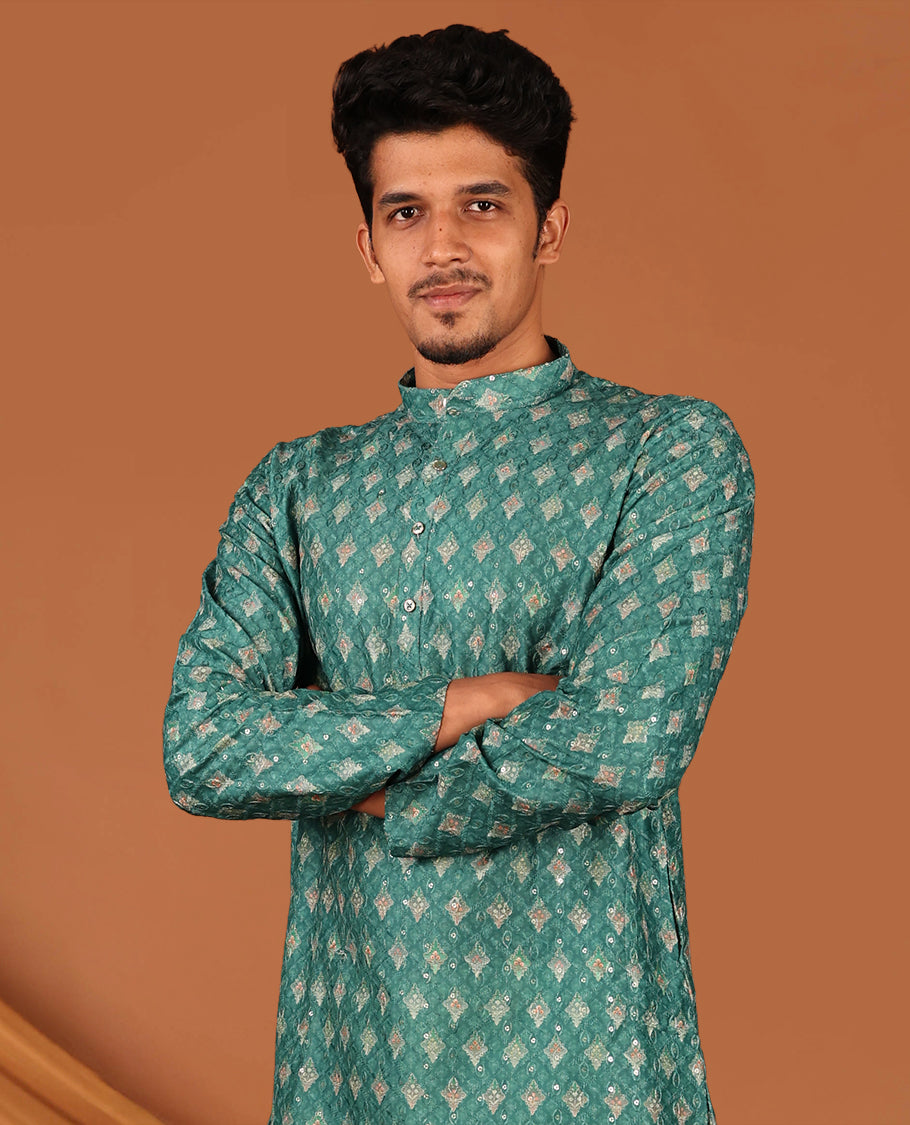 Green Intricately Printed and Thread-Sequins Embroidered Full-Sleeved Men's Kurta