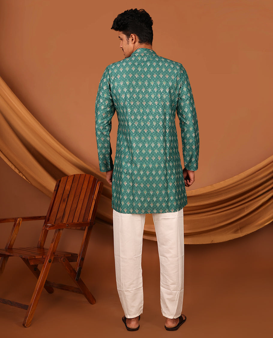 Green Intricately Printed and Thread-Sequins Embroidered Full-Sleeved Men's Kurta