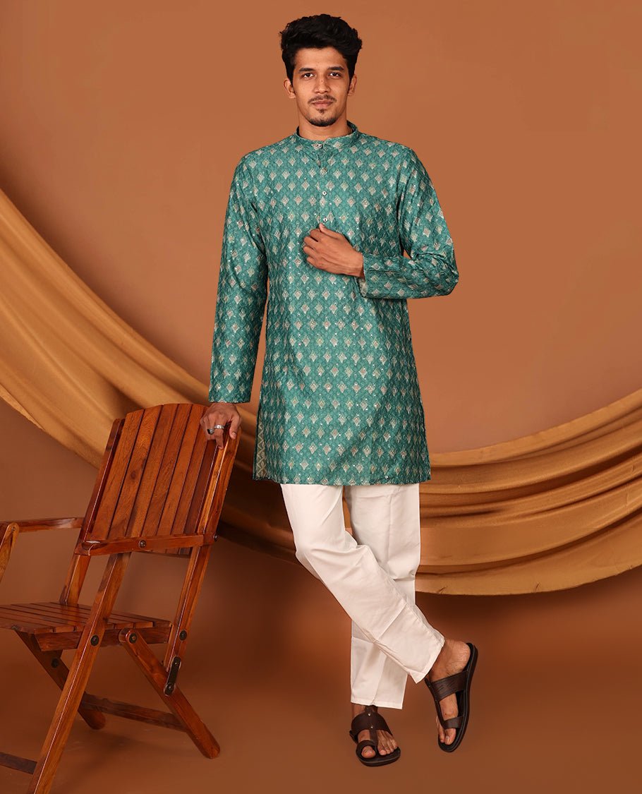 Green Intricately Printed and Thread-Sequins Embroidered Full-Sleeved Men's Kurta