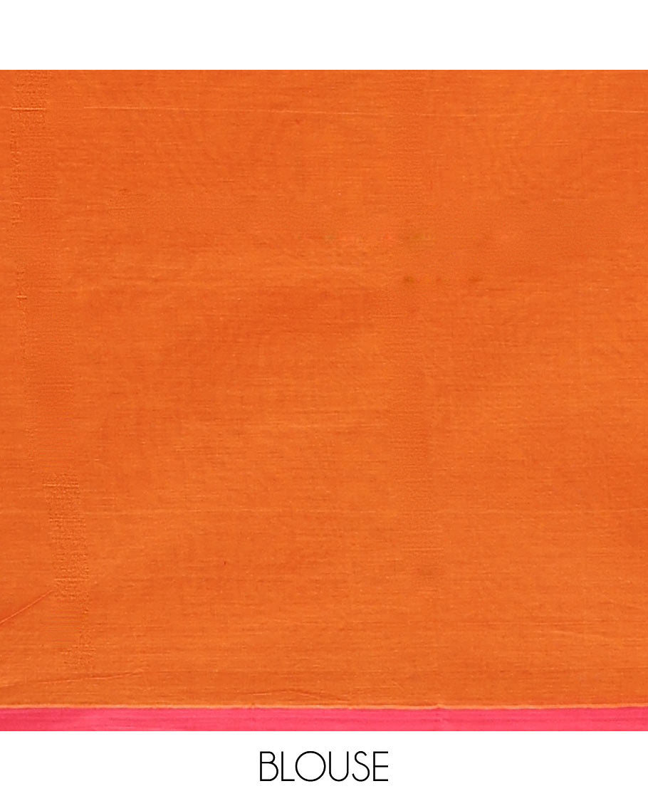 Orange checks & buttas Coimbatore cotton saree, contrast plain border & pallu of intricate designs