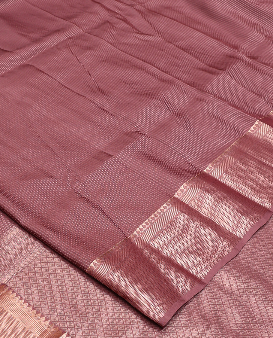 Rosewood pink muthu striped Vasundhara silk mix, zari border of thilakam, kathir, and banaras designs, and jaal pallu