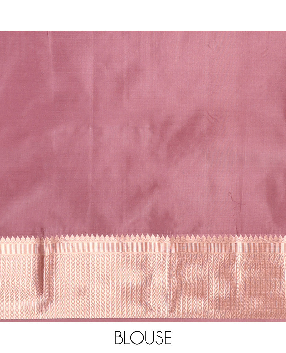 Rosewood pink muthu striped Vasundhara silk mix, zari border of thilakam, kathir, and banaras designs, and jaal pallu