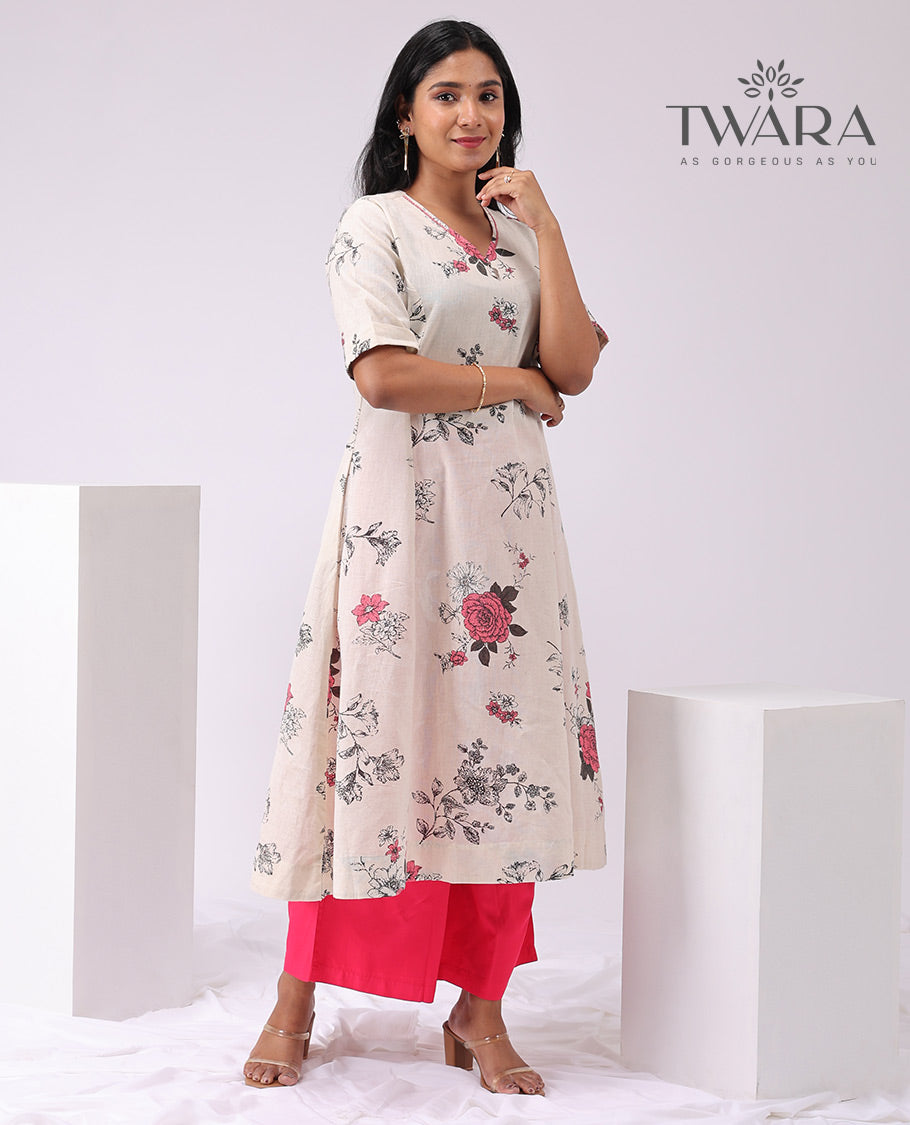 Twara white floral printed 3/4 th sleeve , knee lenght kurti