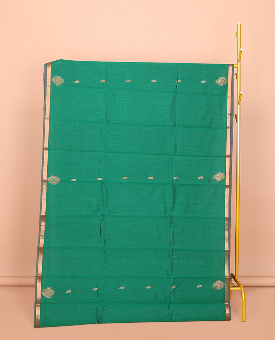 Green Semi-Silk Cotton Saree, Featuring Zari Buttas All Over Its Body, Complemented by a Contrast Piping Border, Grand Pallu of Zari Butta Enclosed Checked Design, and Paired with a Contrast Blouse