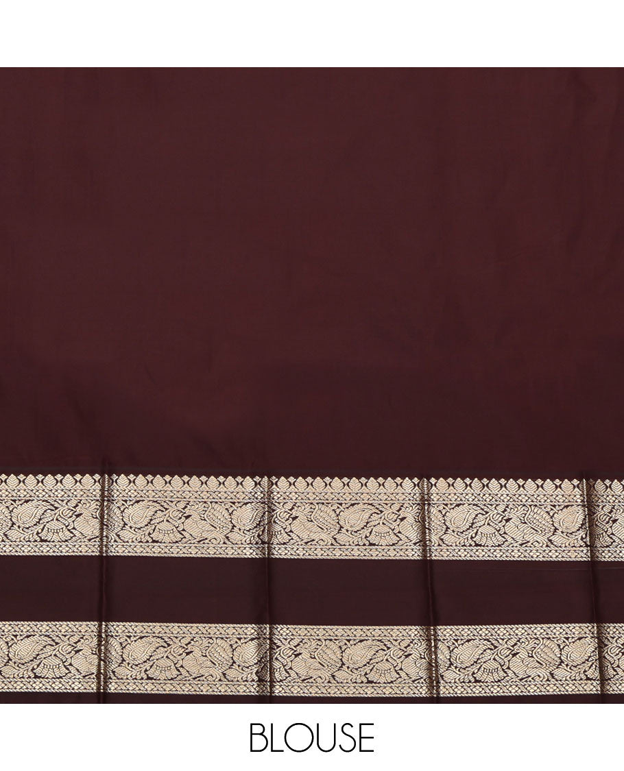 Green Budget Silk Saree, Ornamented with Zari Buttas All Over Its Body, Complemented by Contrast Traditional Zari Design Rettai Pettu Border, Geometric-Patterned Pallu, and Paired with a Contrast Blouse