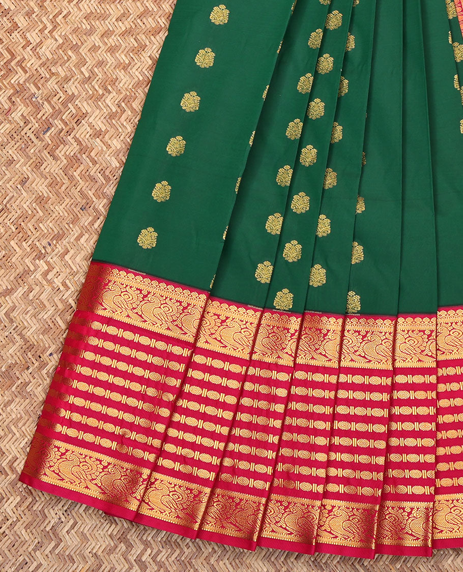 Green Budget Silk Saree, Enlivened with Zari Buttas All Over Its Body, Complemented by Contrast Traditional Zari Design Border, Jaal-Patterned Pallu, and Paired with a Contrast Blouse