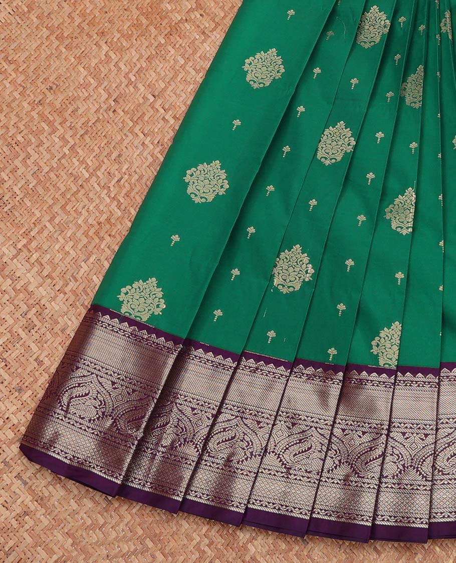 Green Budget Silk Saree, Elevated with Zari Buttas, Complemented by a Contrast Traditional Zari Border, Jaal Pallu, and a Contrast Blouse